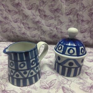 Dansk Blue and White Ceramic Creamer and Sugar Set